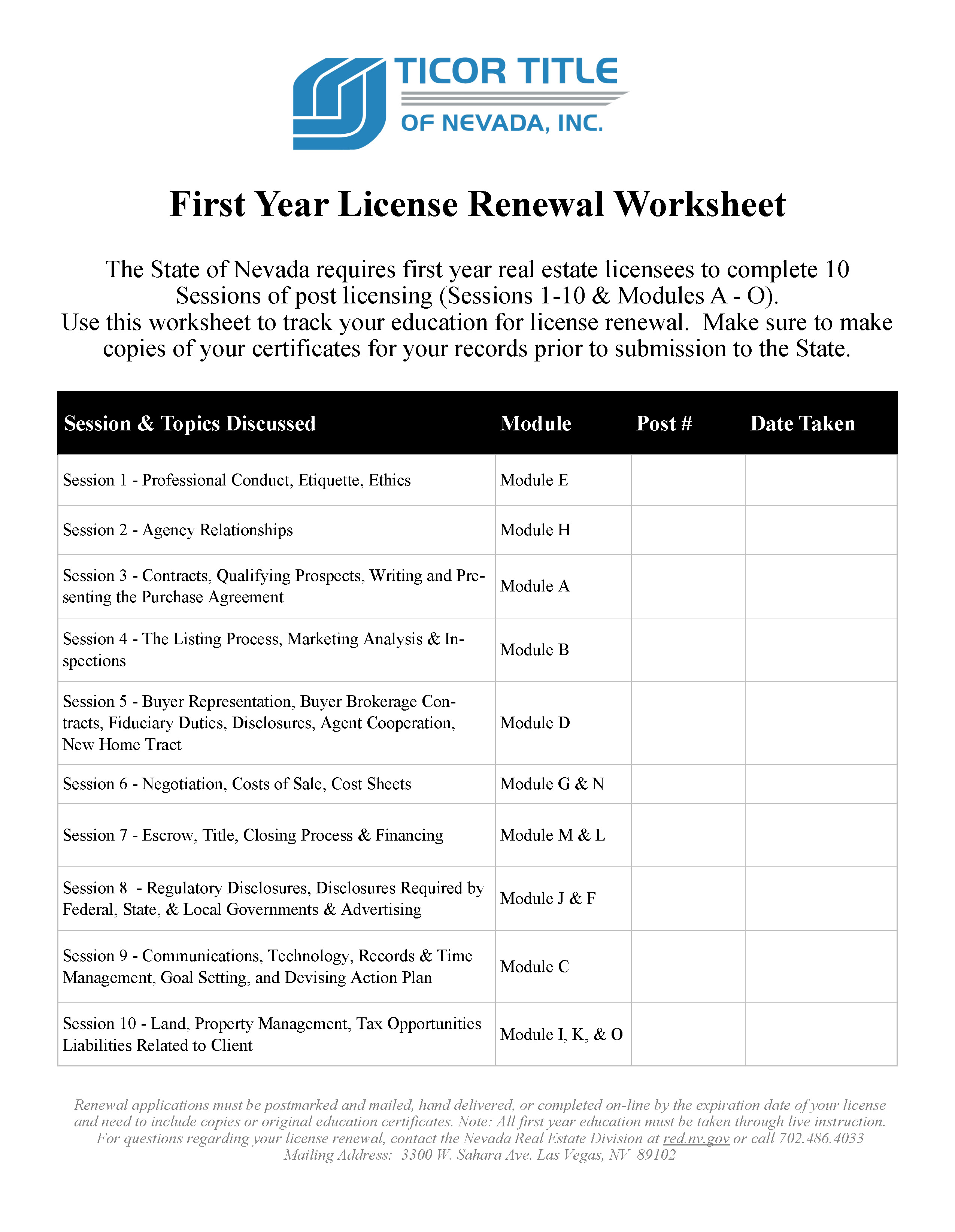 Post Licensing Worksheets Ticor Academy